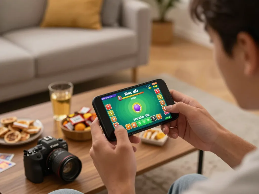 Xóc đĩa trực tuyến game interface displayed on smartphone, capturing player immersed in online gambling.