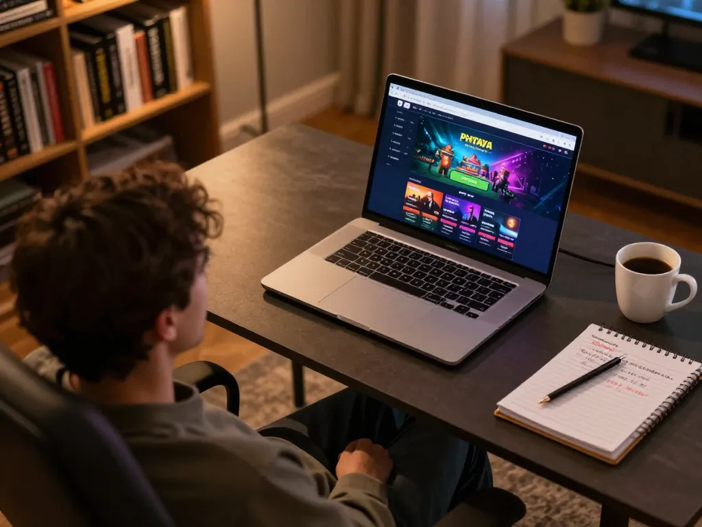 PHTAYA online gaming interface displayed on laptop at a stylish home desk