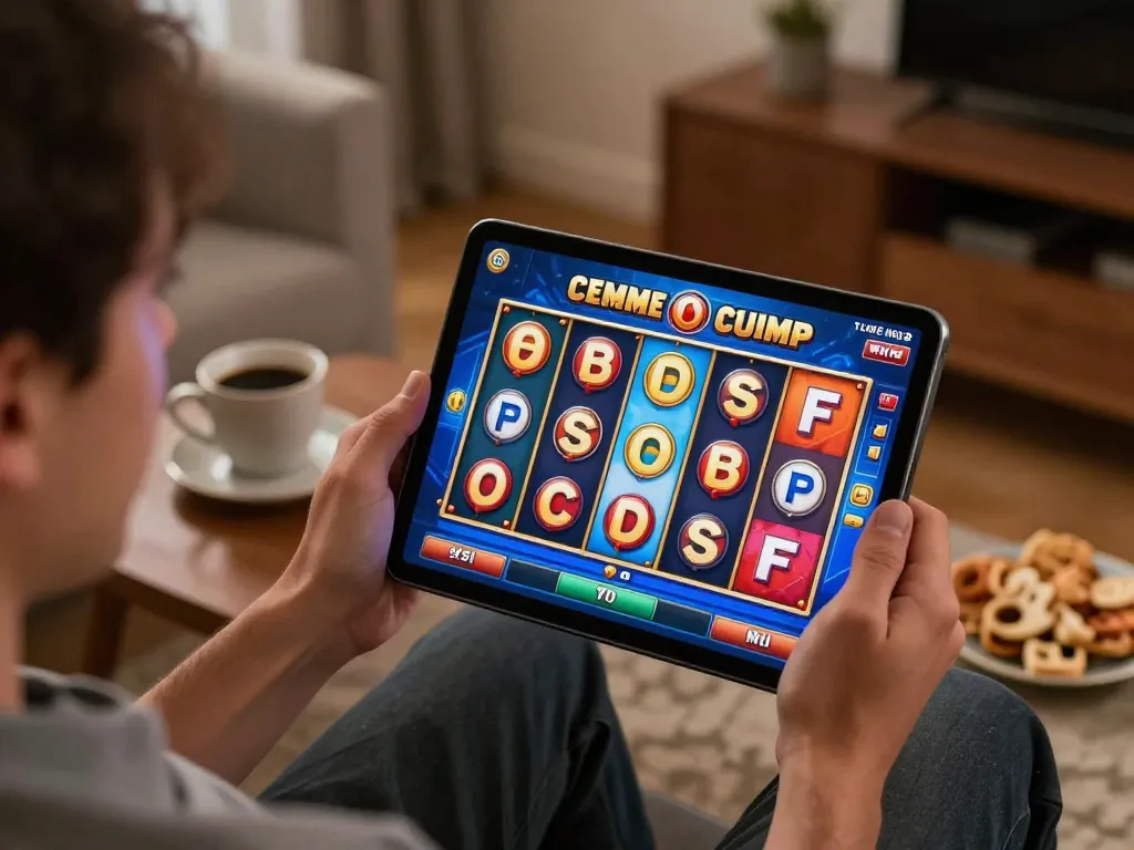 Engaging in Sloot Online gaming with colorful interface on tablet in cozy home