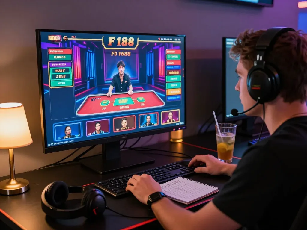Player engaging in online casino at F 168 platform on computer, showcasing strategy and immersive gameplay.