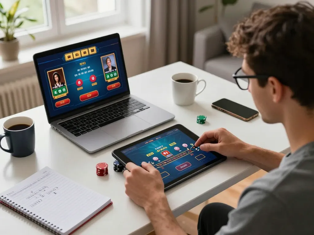 MPO08 player engaged in a live dealer blackjack game on a tablet surrounded by gaming strategy notes.