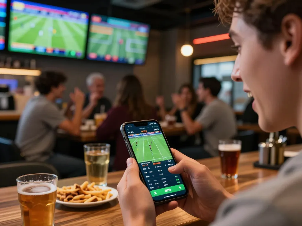 IDNSCORE user engaged in live sports betting via smartphone in vibrant bar atmosphere.