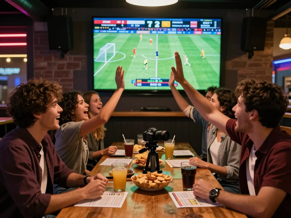 Soi kèo bóng đá Việt Nam scene at a sports bar, friends celebrating a goal with betting slips and snacks around.
