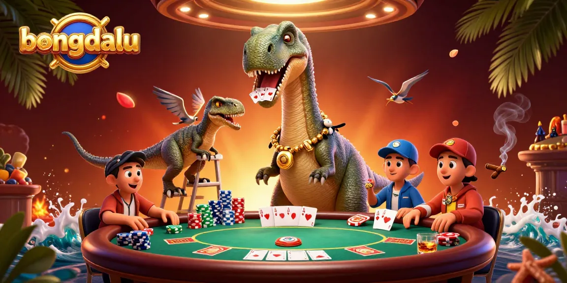 Engage with bongdalu's lively poker scene featuring a brontosaurus, raptor dealer, and vibrant chips.