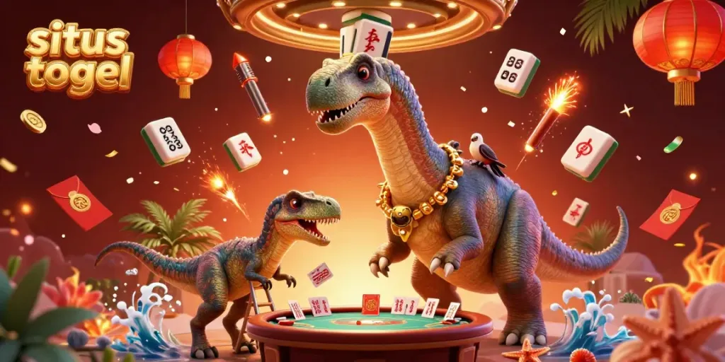 Engage with situs togel excitement through a whimsical 3D illustration of a brontosaurus and raptor.