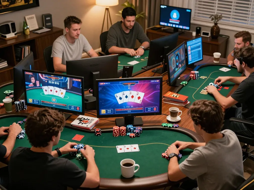 mb66ac players engaging in a thrilling online poker game from home, showcasing strategic gameplay and a cozy atmosphere.