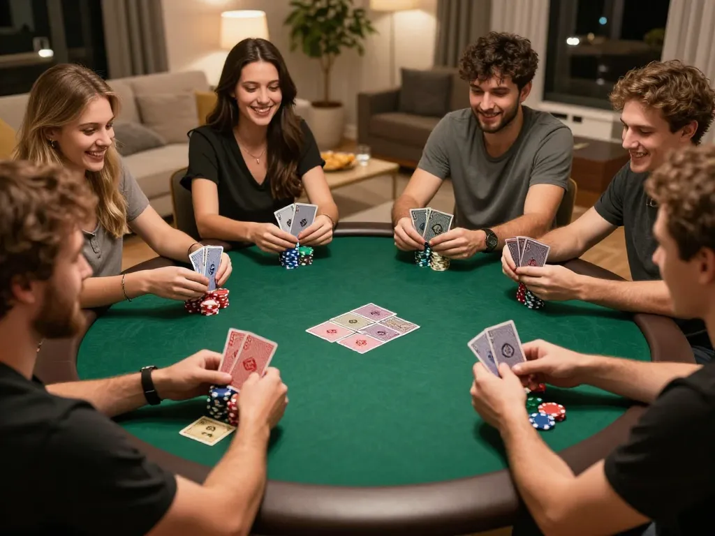 Pemain LGO99 yang merancang strategi dalam permainan poker rumahan yang meriah dengan banyak chip dan makanan ringan.