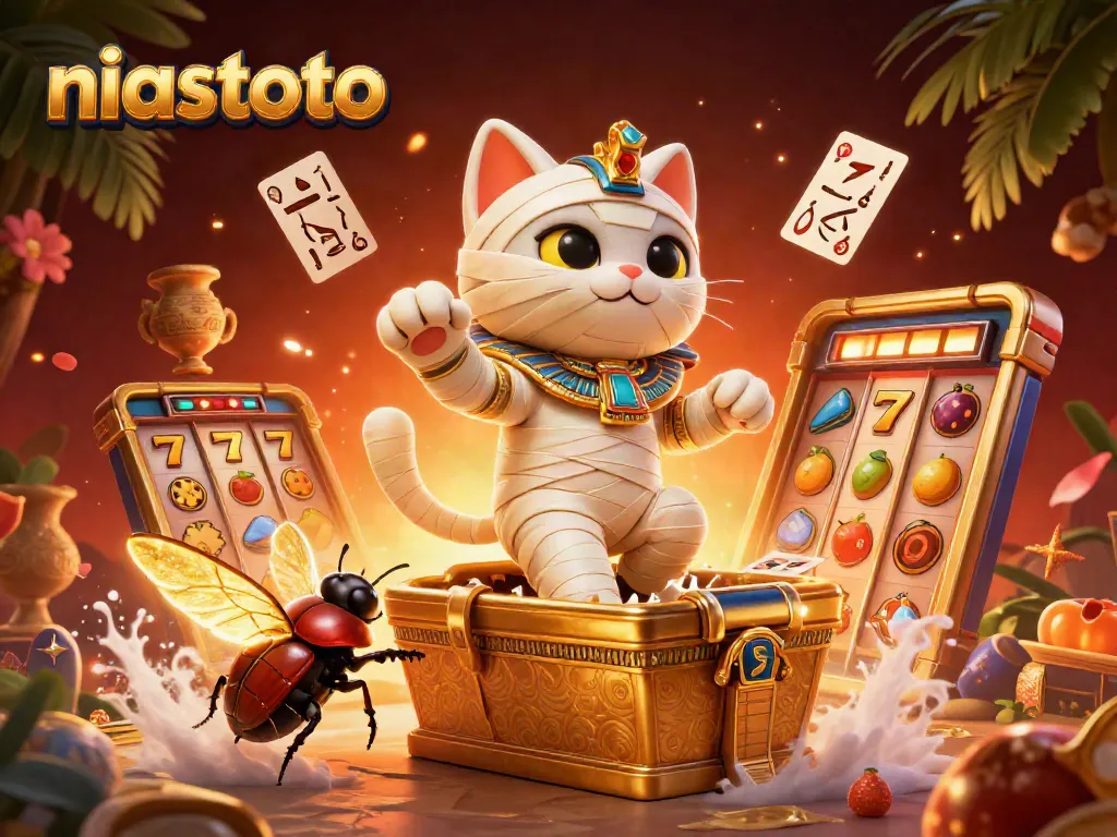 Sensasi bermain slot di niastoto dengan mumi kucing dan kartu hieroglif yang mengambang.