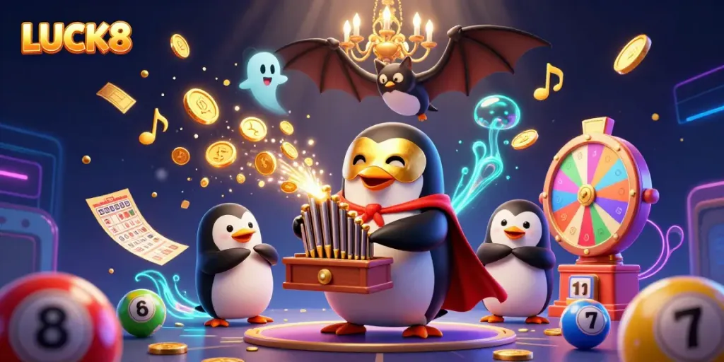 Engage with LUCK8's exciting lottery scene featuring vibrant elements and dynamic characters.
