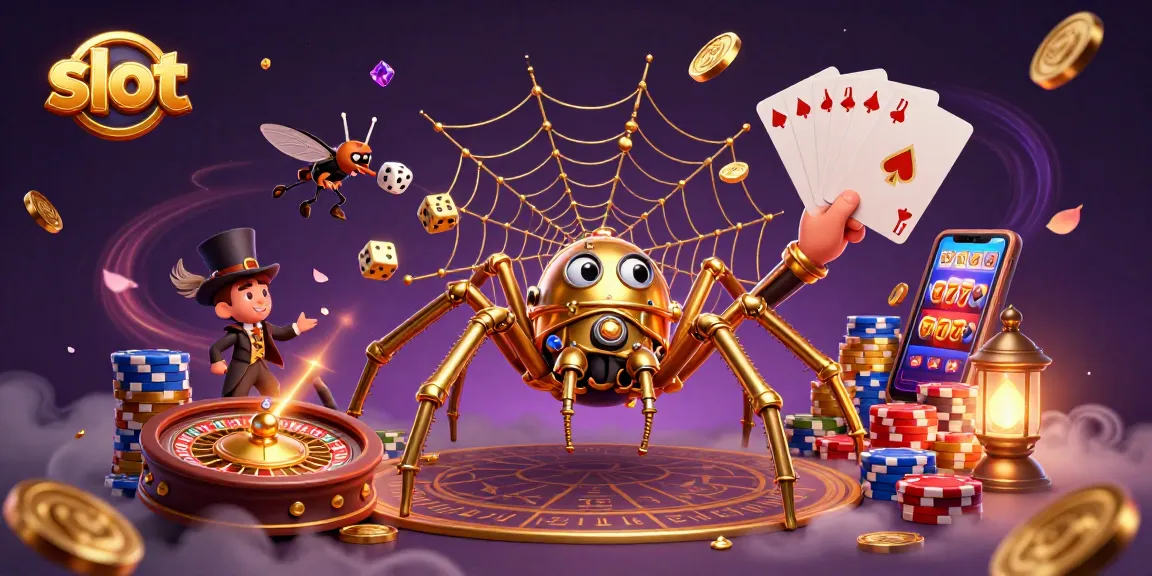 Taruhan slot dengan laba-laba steampunk menangkap dadu sial di jaring emas, dipenuhi efek koin dan cahaya.