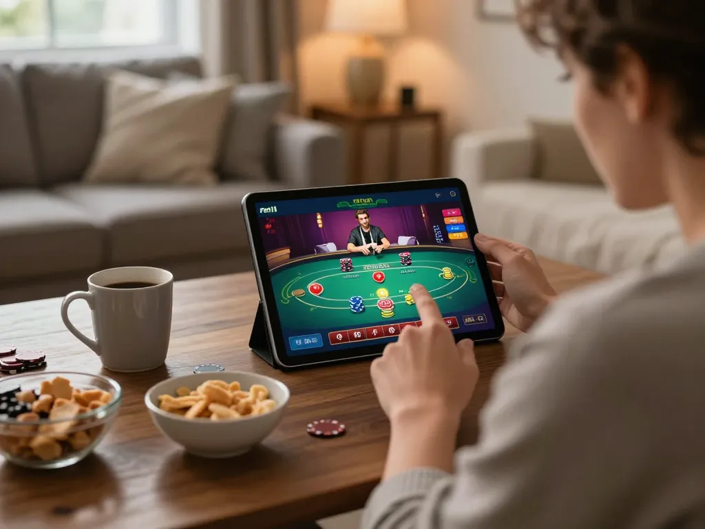 Play peri11 games on a smartphone, capturing the excitement of online gaming at home with a warm, inviting atmosphere.
