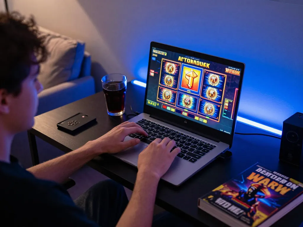 Bermain permainan slot online di laptop dalam suasana rumah yang nyaman, menikmati permainan yang menyenangkan dan bertanggung jawab