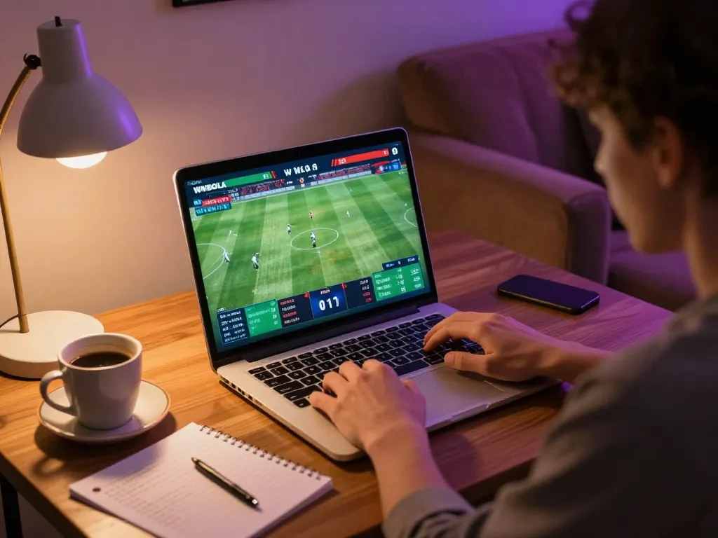 WWBOLA user placing soccer bets online on laptop in a cozy home setting