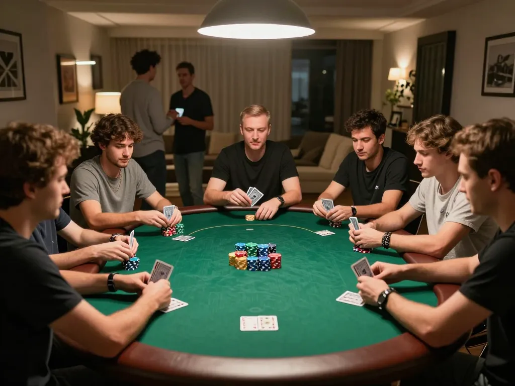 Engaging poker game scene with mpoid strategies showcased in friendly home setting.
