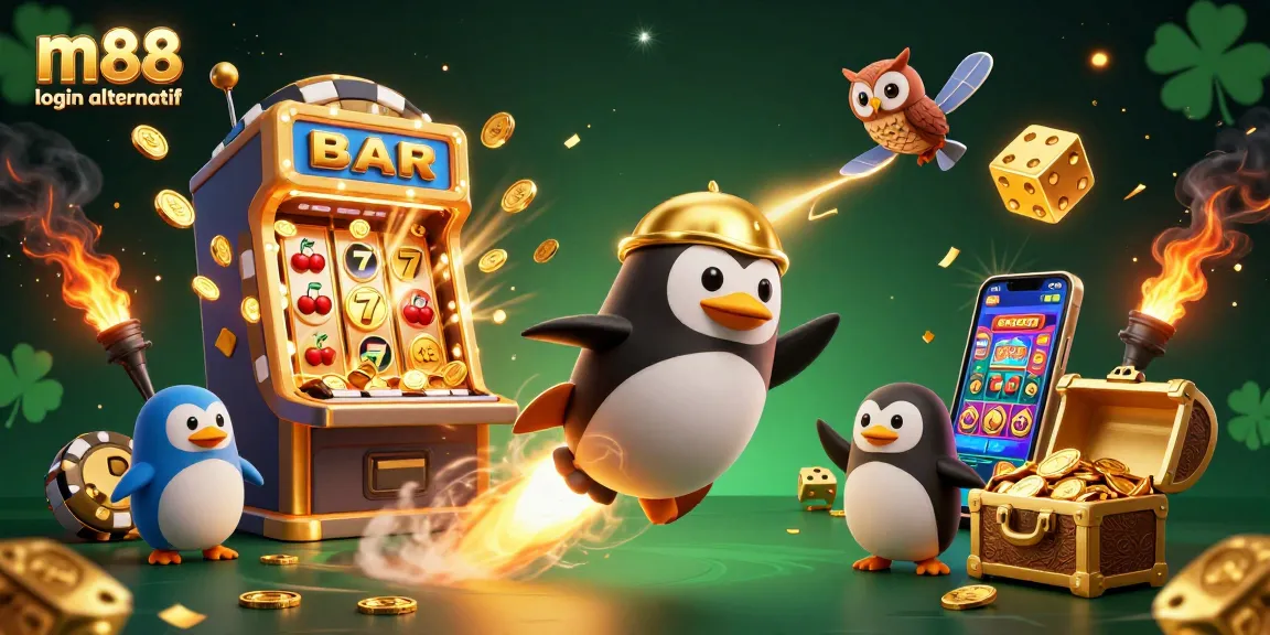 Grafik menarik m88 login alternatif menampilkan penguin emas dan mesin slot meledak isi koin di luar angkasa.