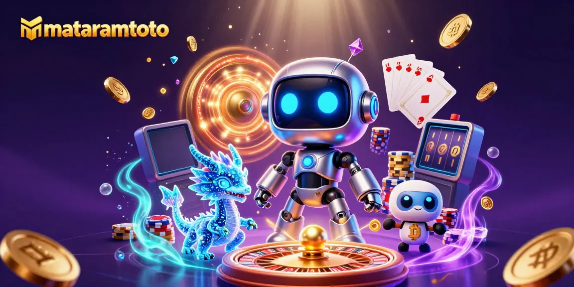 Engage with mataramtoto's vibrant casino world through dynamic 3D illustration showcasing cyberpunk elements.