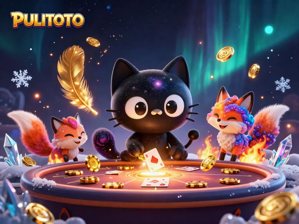 Engage with the dynamic PULITOTO casino experience, featuring a galaxy cat and fox amidst golden chips.