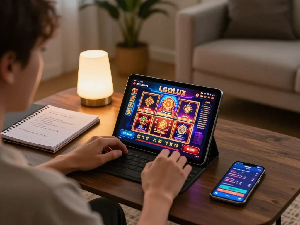 Experience thrilling LGOLUX online slots gaming in a cozy home setup with vibrant graphics