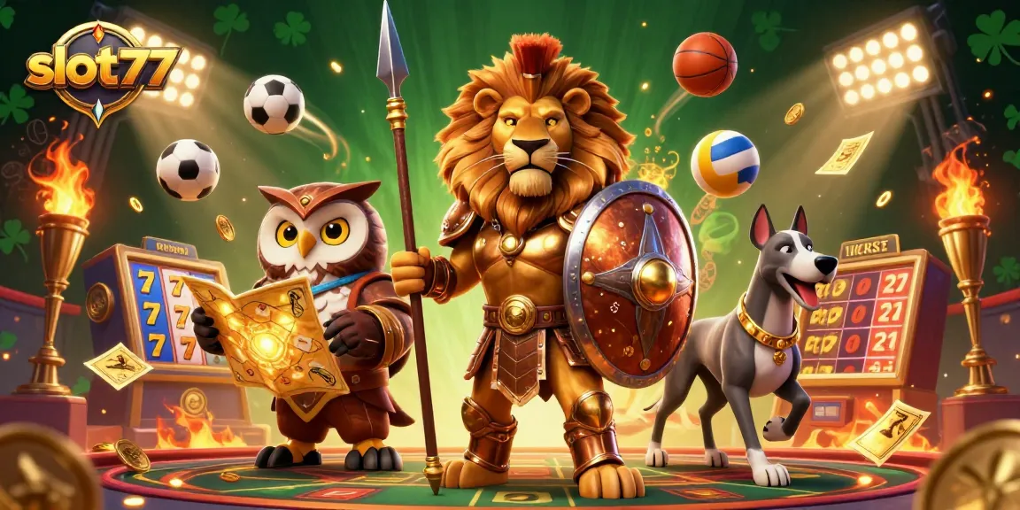 Engage with exciting slot777 gameplay featuring a vibrant Spartan lion, owl strategist, and greyhound in a dynamic 3D casino scene.