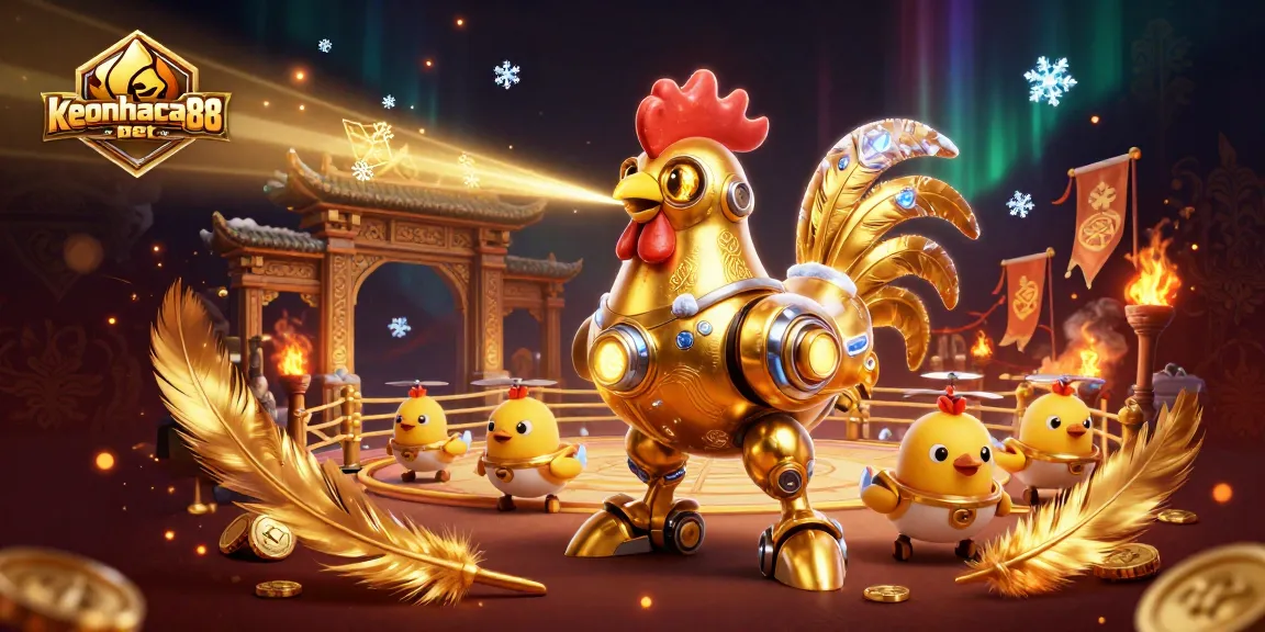 Engage in thrilling wins at keonhacaibet888 with the retro-futuristic golden rooster robot and its flying chick drones.