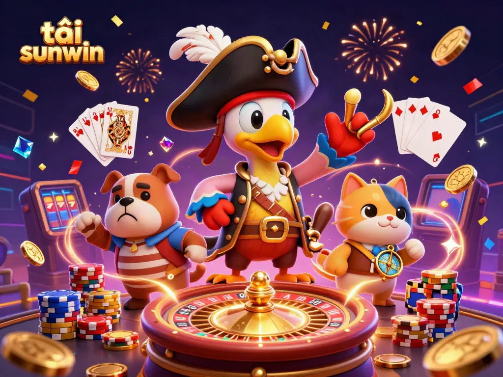 Spin and win at tải sunwin with vibrant 3D casino characters, coins, and roulette elements.