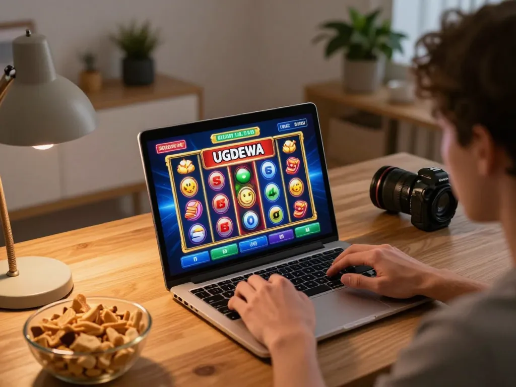 Player engaging with UGDEWA's online slots interface at home, emphasizing responsible gaming and strategy.