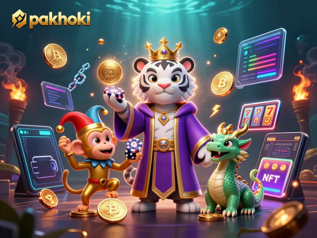 Permainan slot slot dengan pakhoki, harimau putih bermahkota dan kera emas berinteraksi.