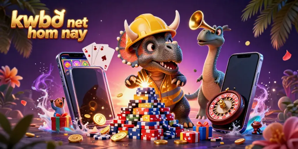Engage with kqbđ net hom nay through an exciting scene of a triceratops celebrating big wins in an animated casino.