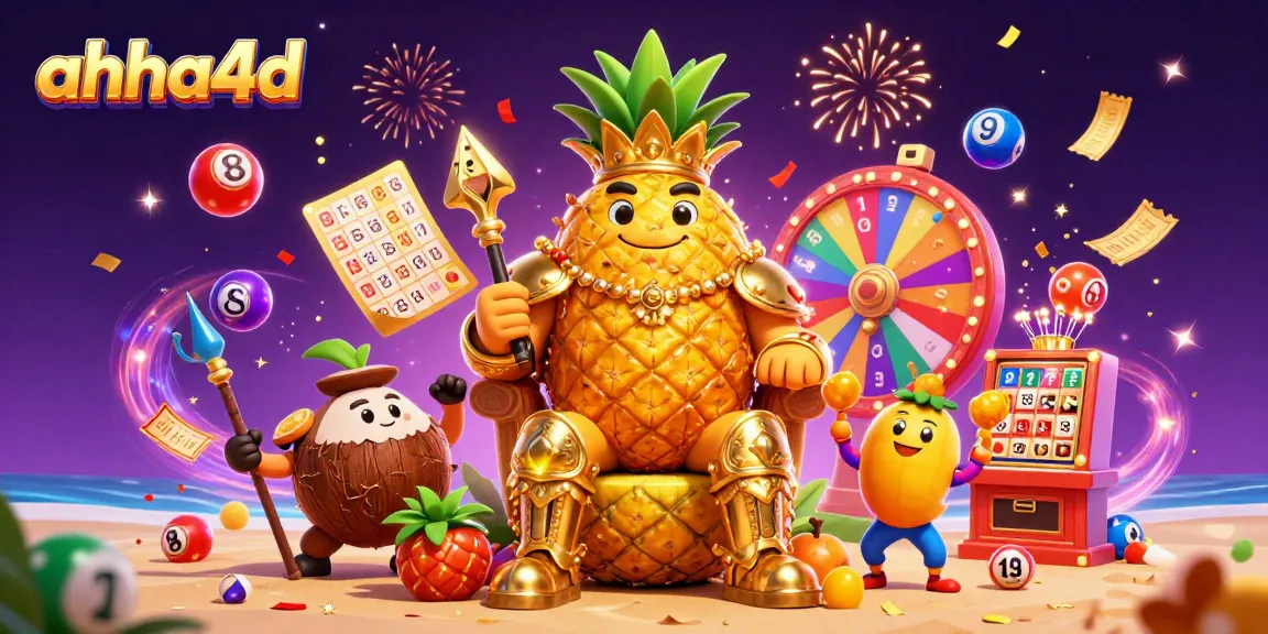 Engage with ahha4d's vibrant lottery scene featuring a golden pineapple king and dynamic lottery elements.