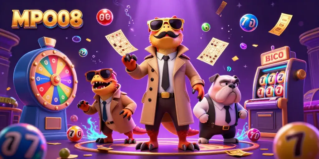 MPO08 showcases a humorous scene with raptors in a trench coat at a casino, surrounded by colorful lottery balls and vibrant game elements.