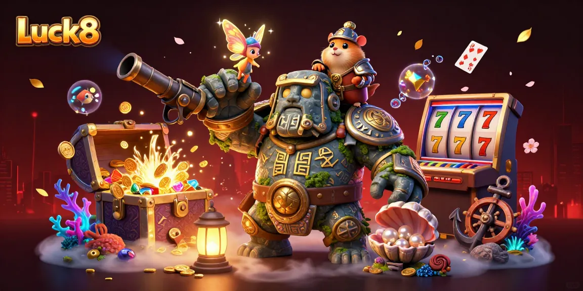 Experience Luck8 with an enchanting scene featuring a magical golem guardian, fairy, and hamster knight in a vibrant casino setting.
