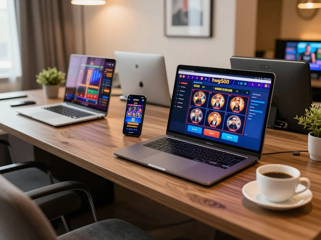 Seni permainan online yang menarik menampilkan slot hwg500 di laptop, mempromosikan permainan interaktif.