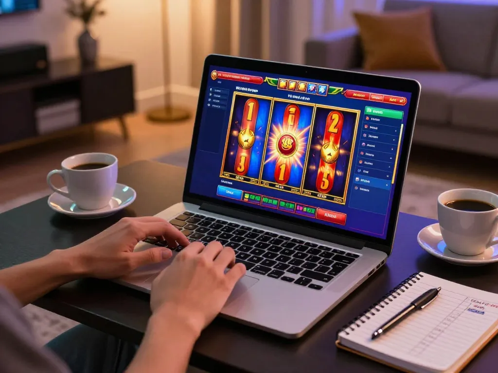 Engaging with ok 365 online slot games in a stylish home setup, showcasing vibrant game visuals and cozy atmosphere