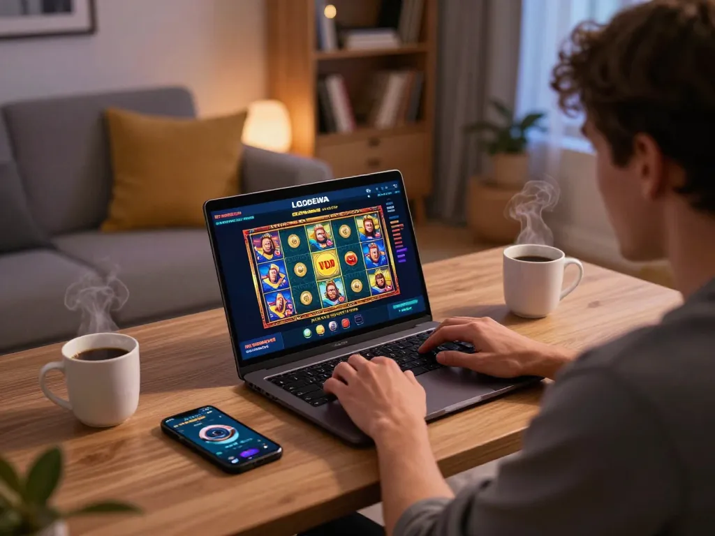 Player engaging with LGODEWA demo slots on laptop in cozy home gaming environment