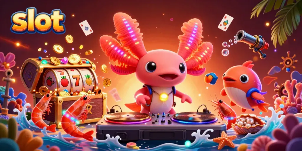 Menggulung slot sambil DJ axolotl neon dengan efek kilau koin emas.