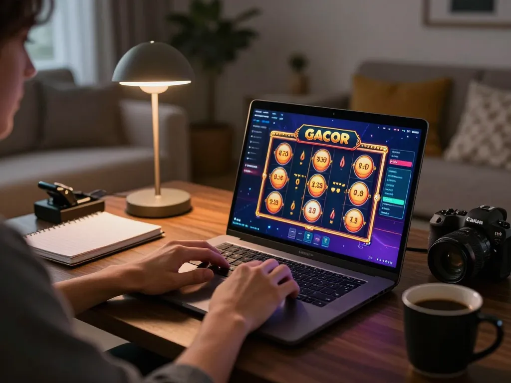 Engaging in slot gacor gaming on a laptop in a cozy home setup with stylish decor.