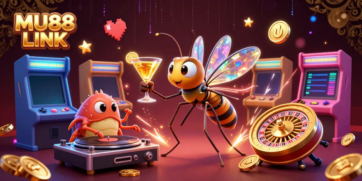 Engage with the thrill of MU88 LINK through a vibrant casino-themed illustration featuring animated characters and gambling elements.