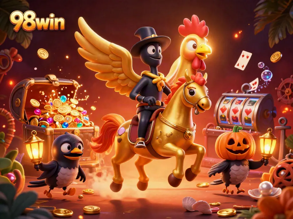 Join the excitement with 98win as golden rooster characters light up the casino scene.