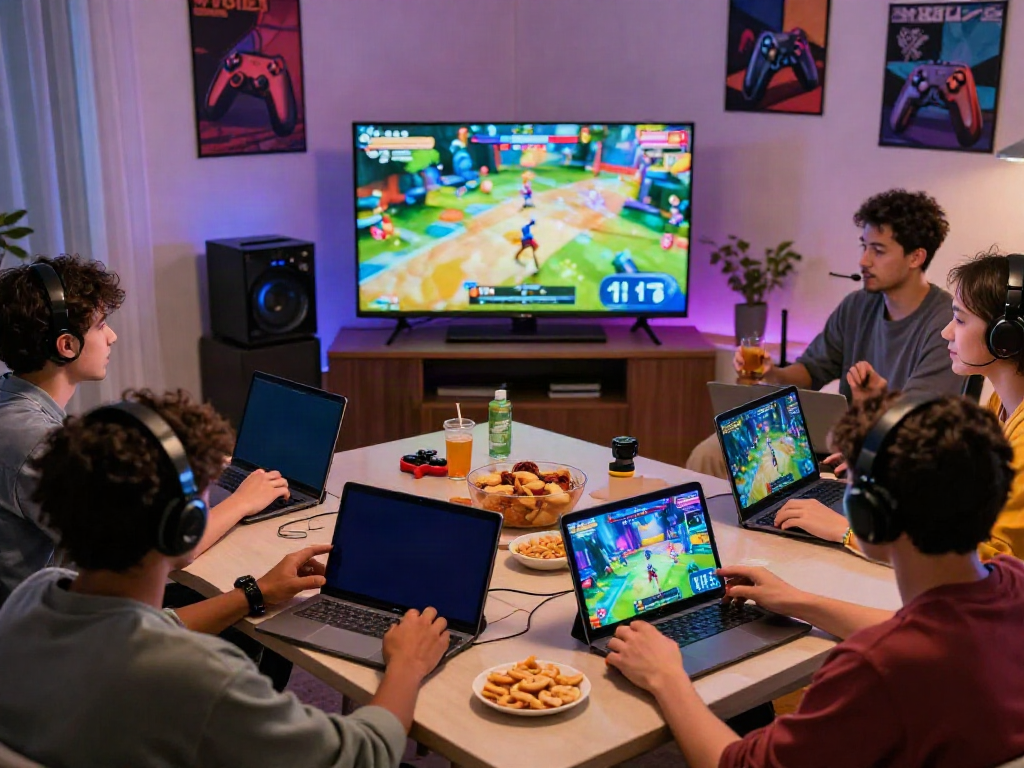 ROKOK88 login scene showcasing friends enjoying diverse games on various devices