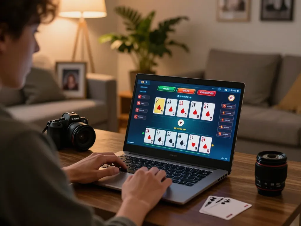 Engaged user on organicsuperfoodshub playing online blackjack in a cozy home setting.