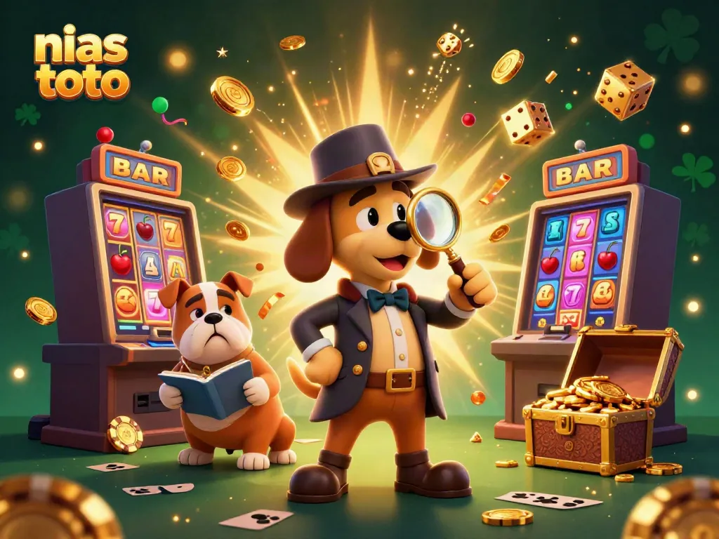 Ilustrasi 3D nias toto dengan anjing detektif dan slot mesin penuh kemenangan.