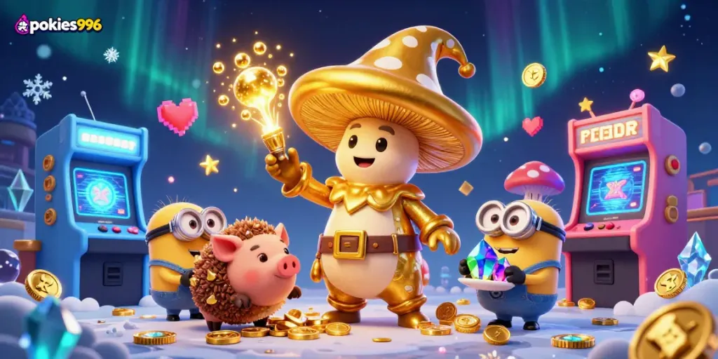 Spin to win with pokies996 and the golden wizard, surrounded by vibrant game elements.