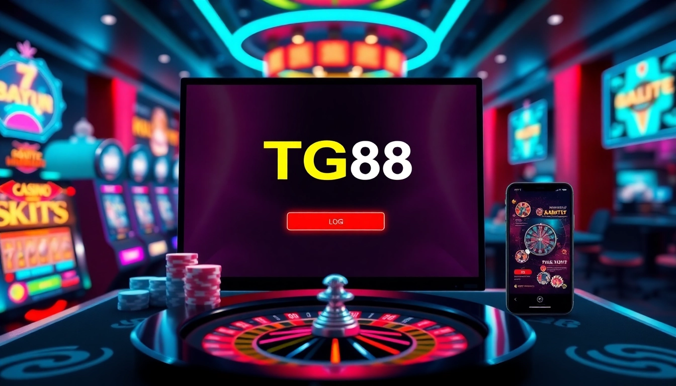 Logging into TG88 đăng nhập with vibrant casino imagery of slot machines and poker chips.