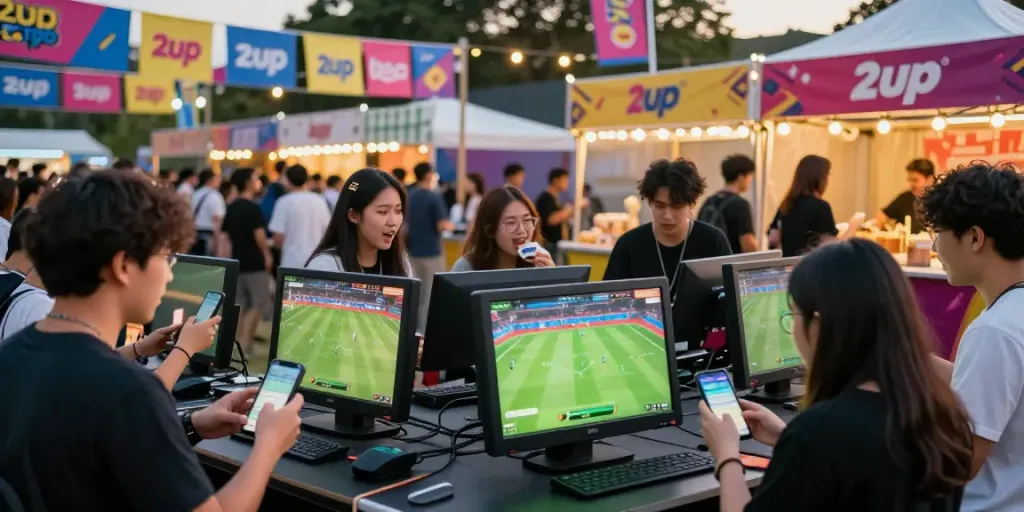 Exciting 2up betting scene at a vibrant outdoor festival with friends celebrating success.