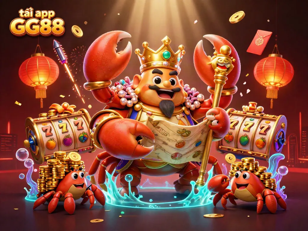 Tải app GG88 and win big with the golden crab emperor and dynamic casino elements in a vibrant 3D scene.