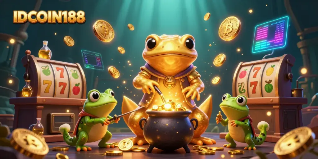 Experience thrilling wins with IDCOIN188 in a vibrant 3D casino scene filled with magical characters and game elements.