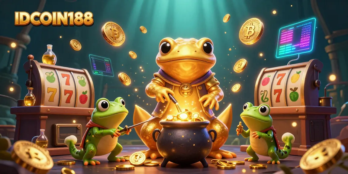 Experience thrilling wins with IDCOIN188 in a vibrant 3D casino scene filled with magical characters and game elements.