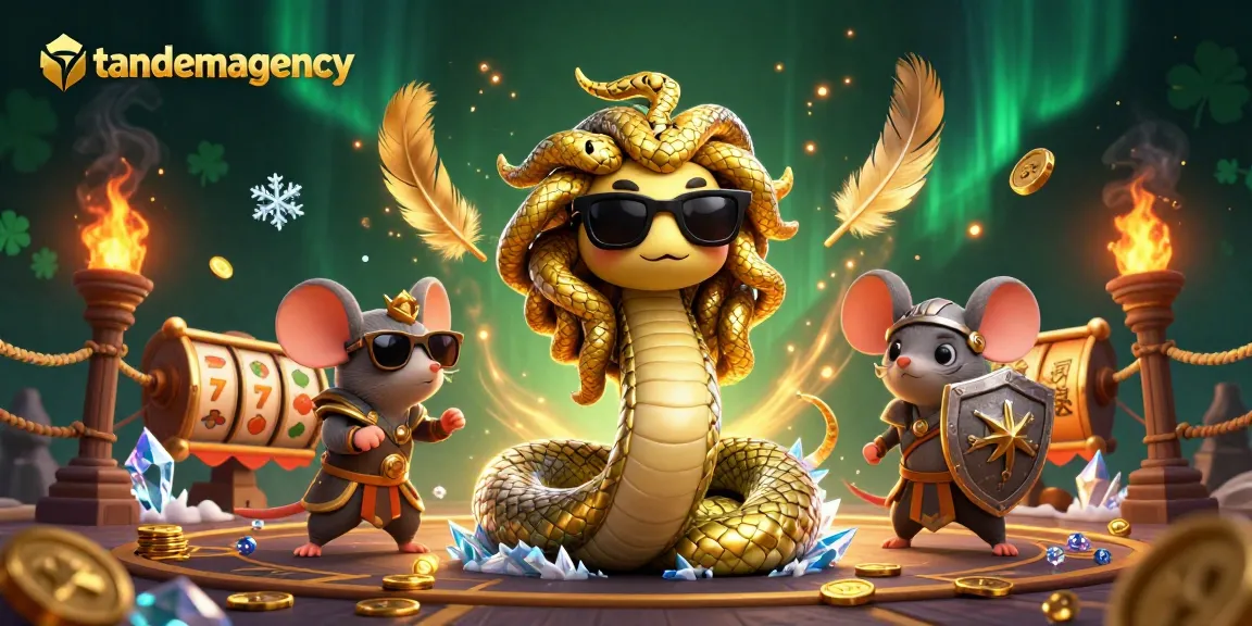 Win big with tandemagency in a dynamic casino scene featuring Medusa and a warrior mouse.