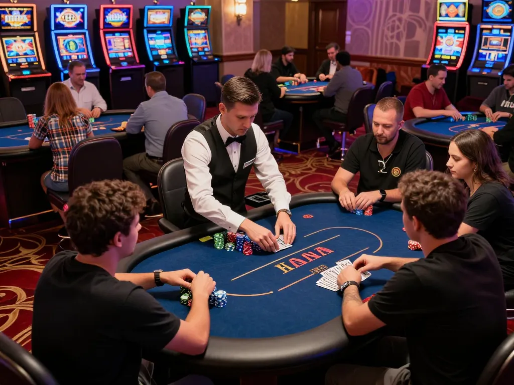 Pemain di meja poker terlibat dalam permainan strategi spaceman yang menarik dan keterampilan di tengah suasana kasino yang hidup.