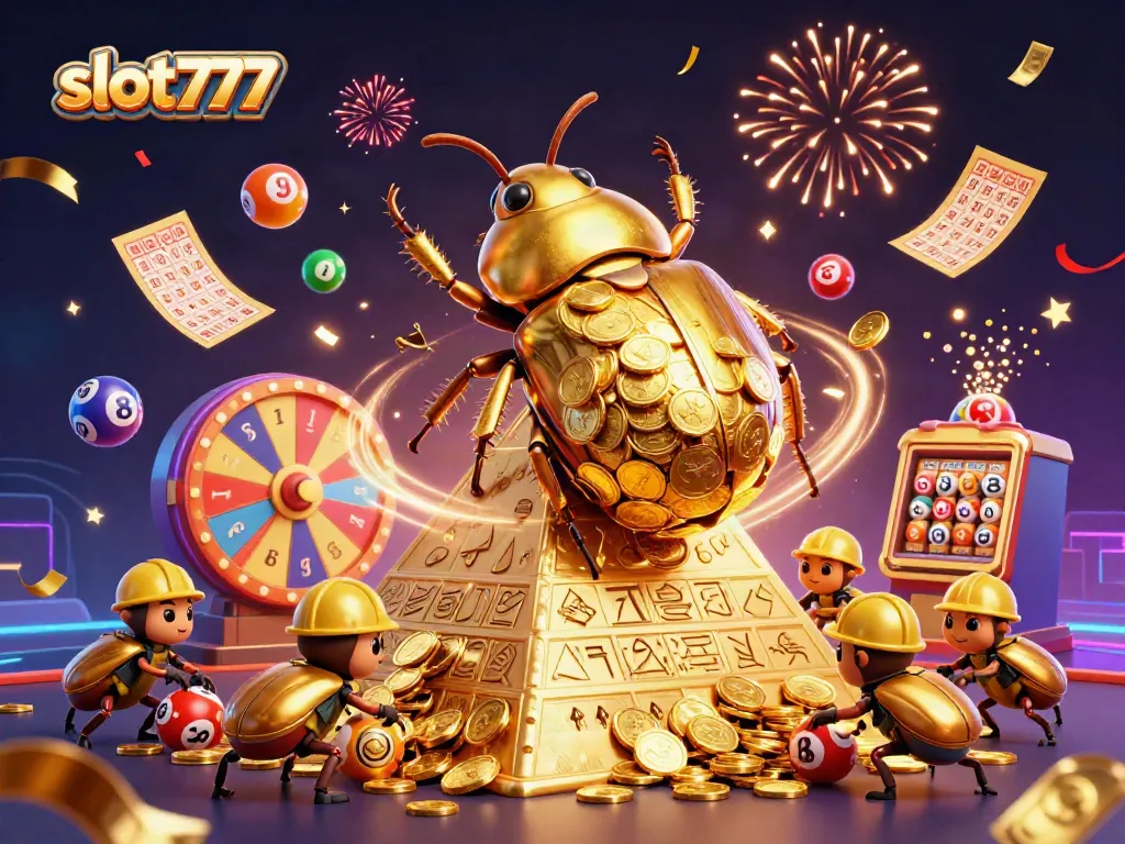Mesin slot777 yang menarik dikelilingi bola lotere berwarna-warni dan koin emas berjatuhan.